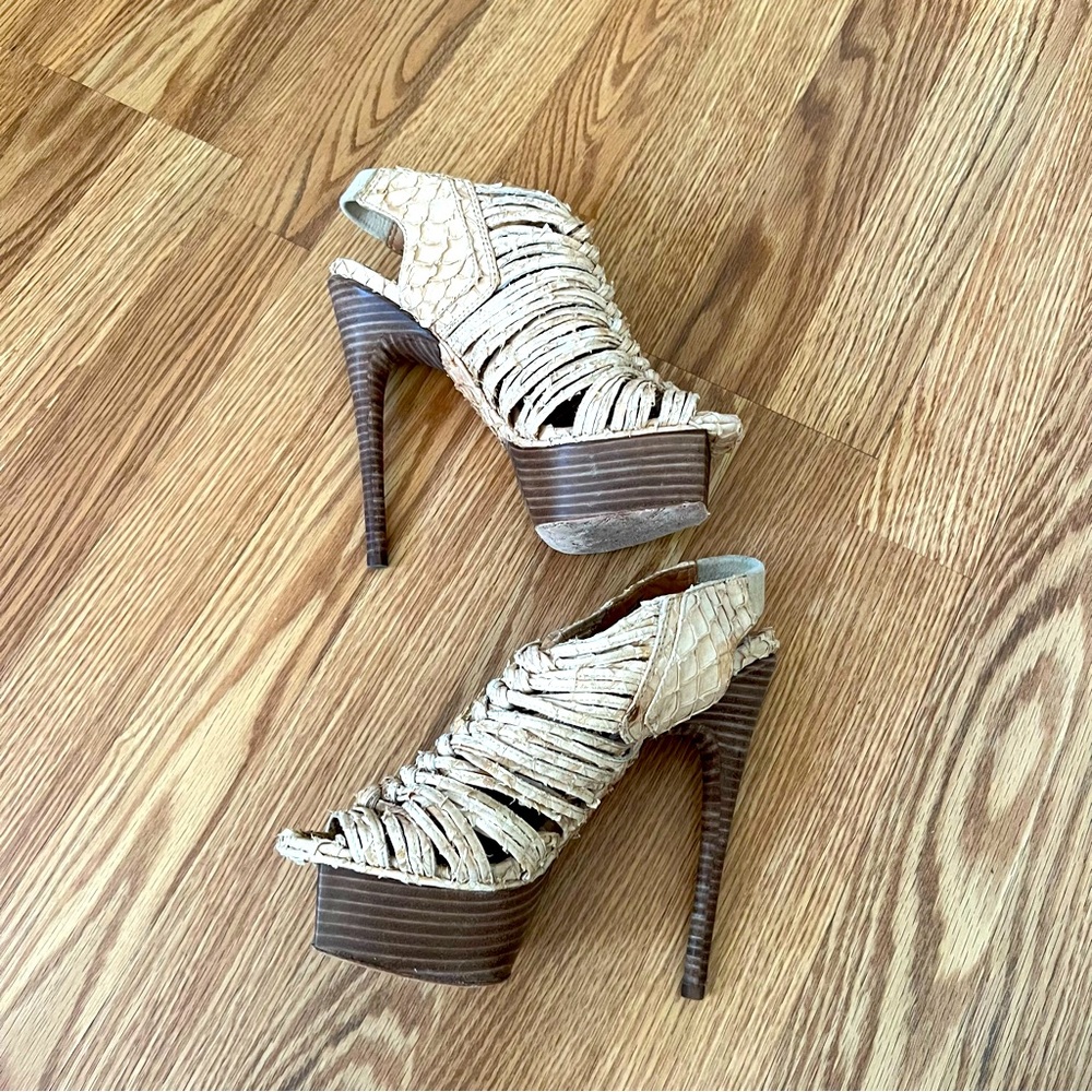 L.A.M.B. Faux Snakeskin Platform Heel Straw Sandals neutral sz‎ 7.5 - Picture 3 of 8
